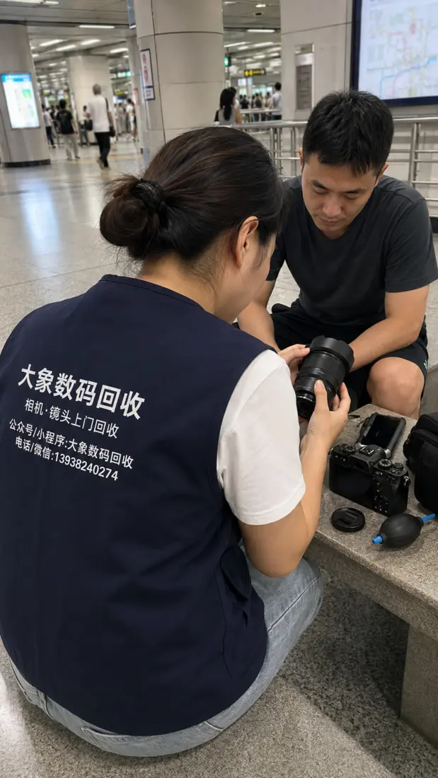 大象数码回收工作人员在公共交通区域与用户当面查看镜头状态
